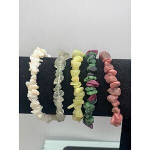 Lot Of 5 Natural Stone Chip Stretch Bracelets Agate Rhodonite & More
